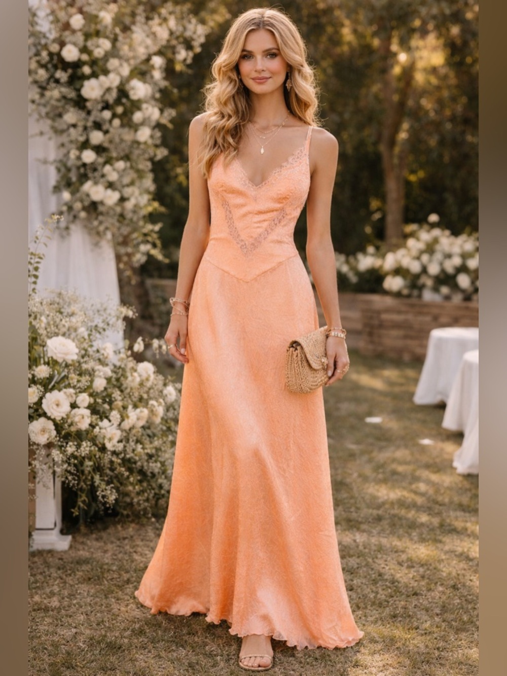 Free People Formal Salmon Orange Lace Slip Maxi Dress Open Back Wedding guest - Picture 2 of 15